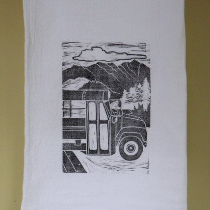 White tea towel w black print