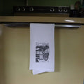 White tea towel w black print