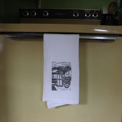 White tea towel w black print