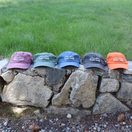 Five baseball caps in different colors arranged on a stone wall with a grassy area and wooden deck in the background.