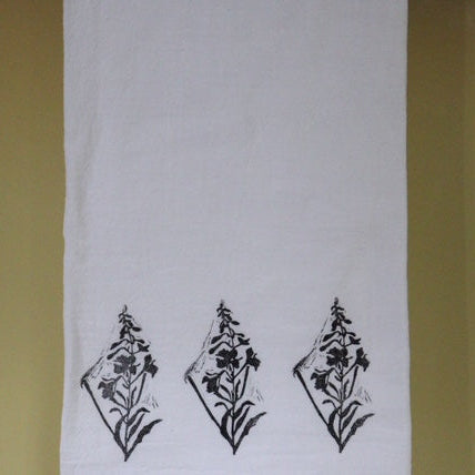 White tea towel w black print