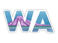 A die-cut sticker featuring the letters 'W' and 'A' filled with a stylized mountain landscape illustration in shades of blue, purple, and green, on a white background.