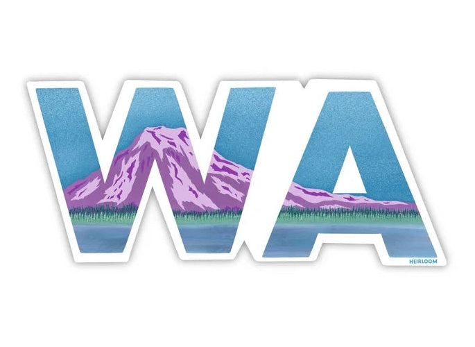A die-cut sticker featuring the letters 'W' and 'A' filled with a stylized mountain landscape illustration in shades of blue, purple, and green, on a white background.