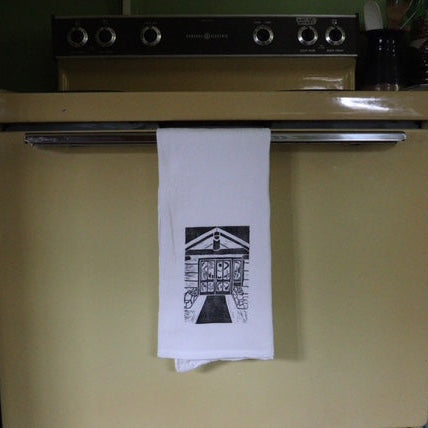 White tea towel w black print