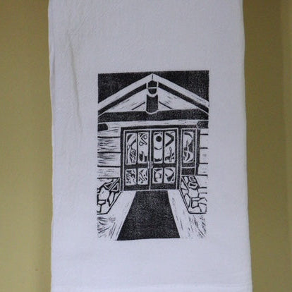 White tea towel w black print
