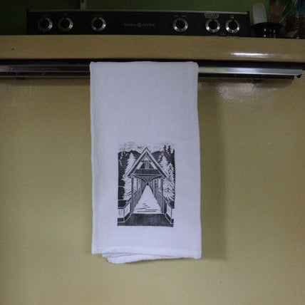 White tea towel w black print